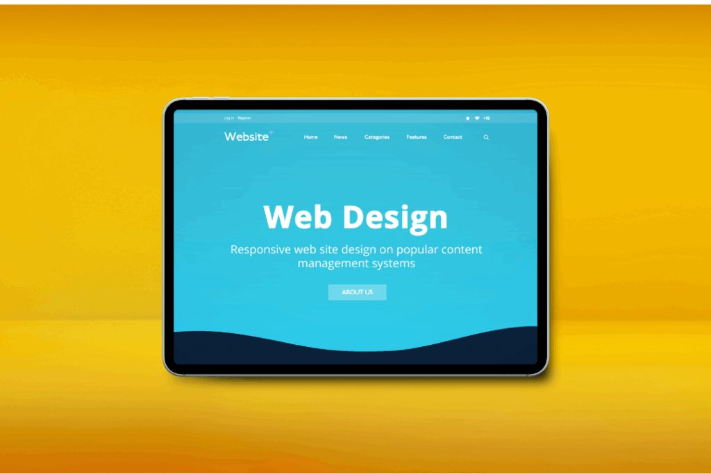 Tablet showing a web design homepage with a blue background.