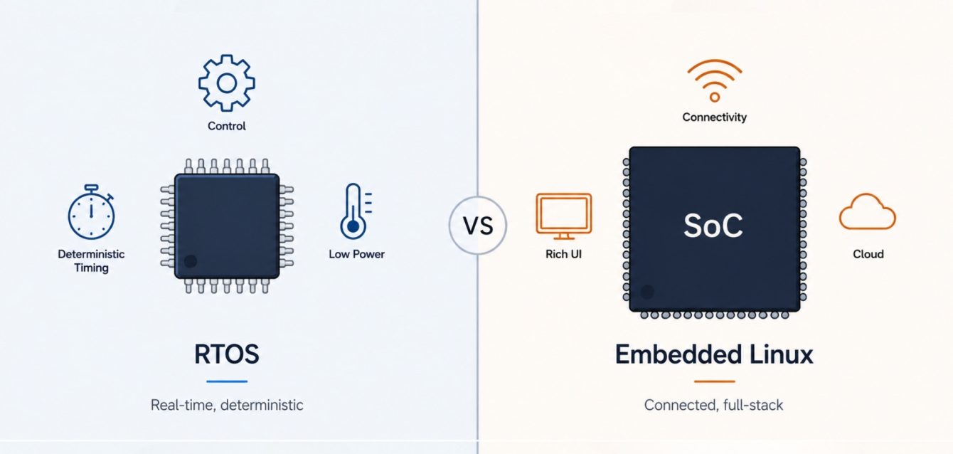 RTOS vs Embedded Linux comparison showing deterministic timing, low power, connectivity, cloud support, and SoC architecture.