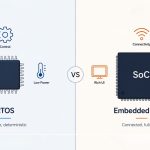 RTOS vs Embedded Linux comparison showing deterministic timing, low power, connectivity, cloud support, and SoC architecture.